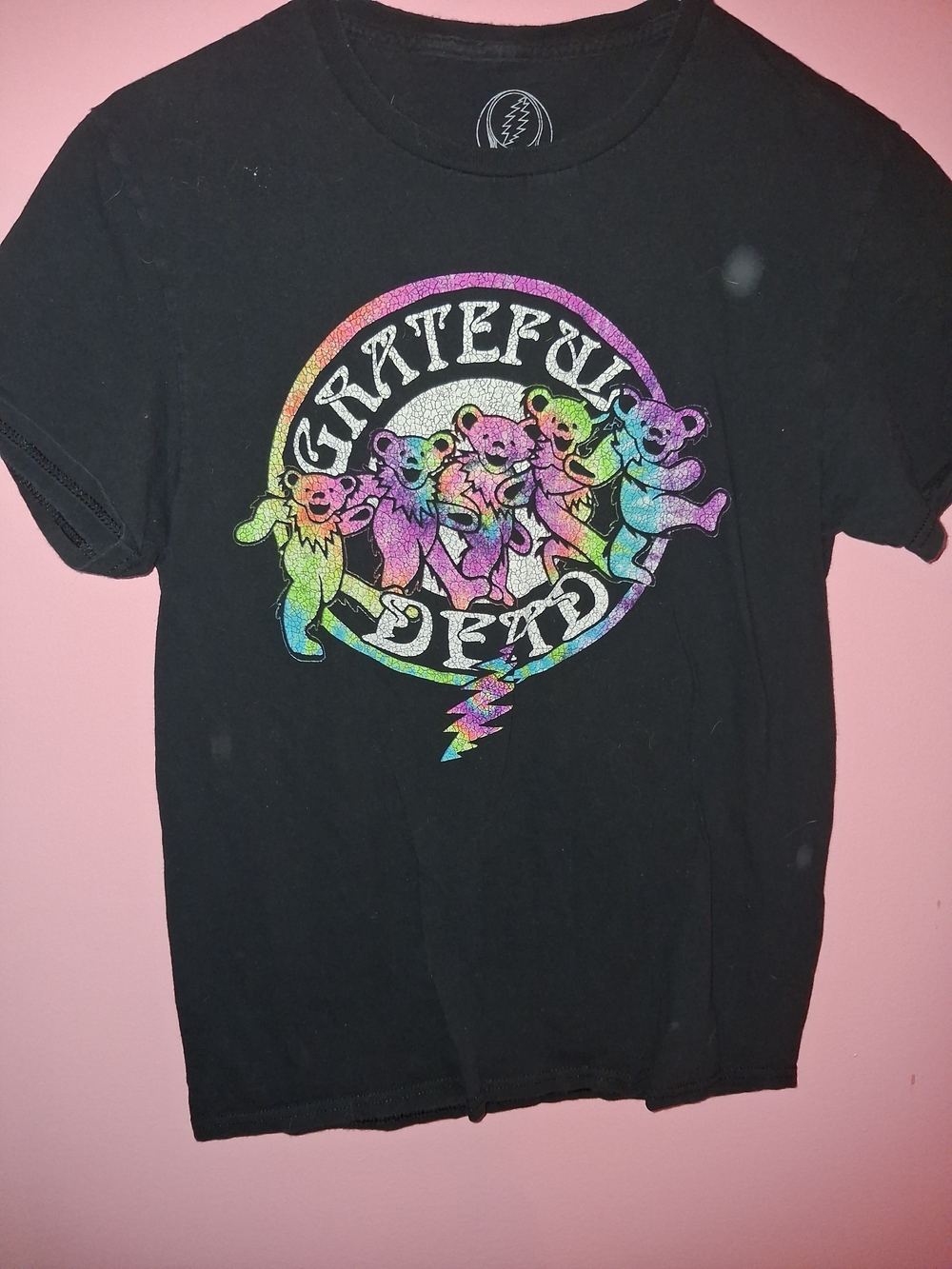 Grateful Dead Black Tee with Rainbow Glitter Dancing Bears